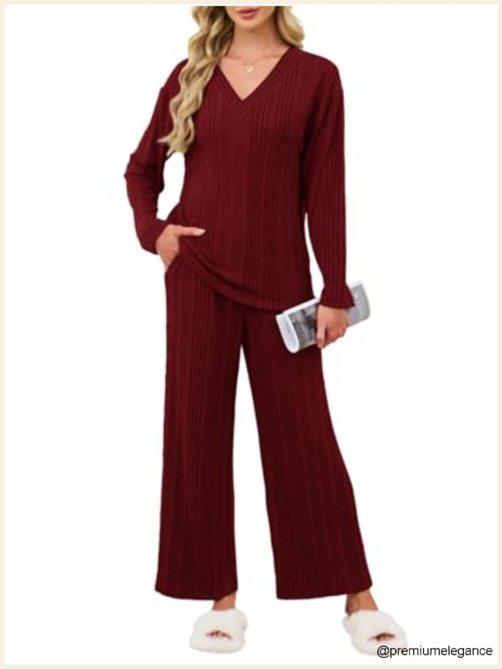 Ribbed Knit Lounge Set 2 Piece Pajamas Long Sleeve V-Neck Sweatsuit with Pockets